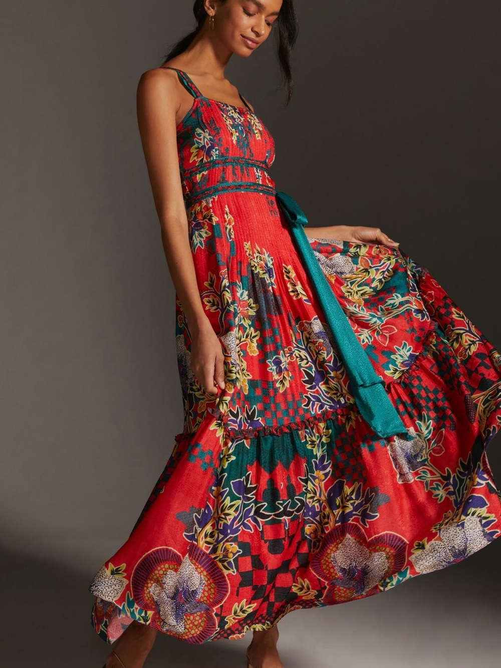 Anthropologie Bhanuni by Jyoti Pleated Floral Midi Dress Large Petite
